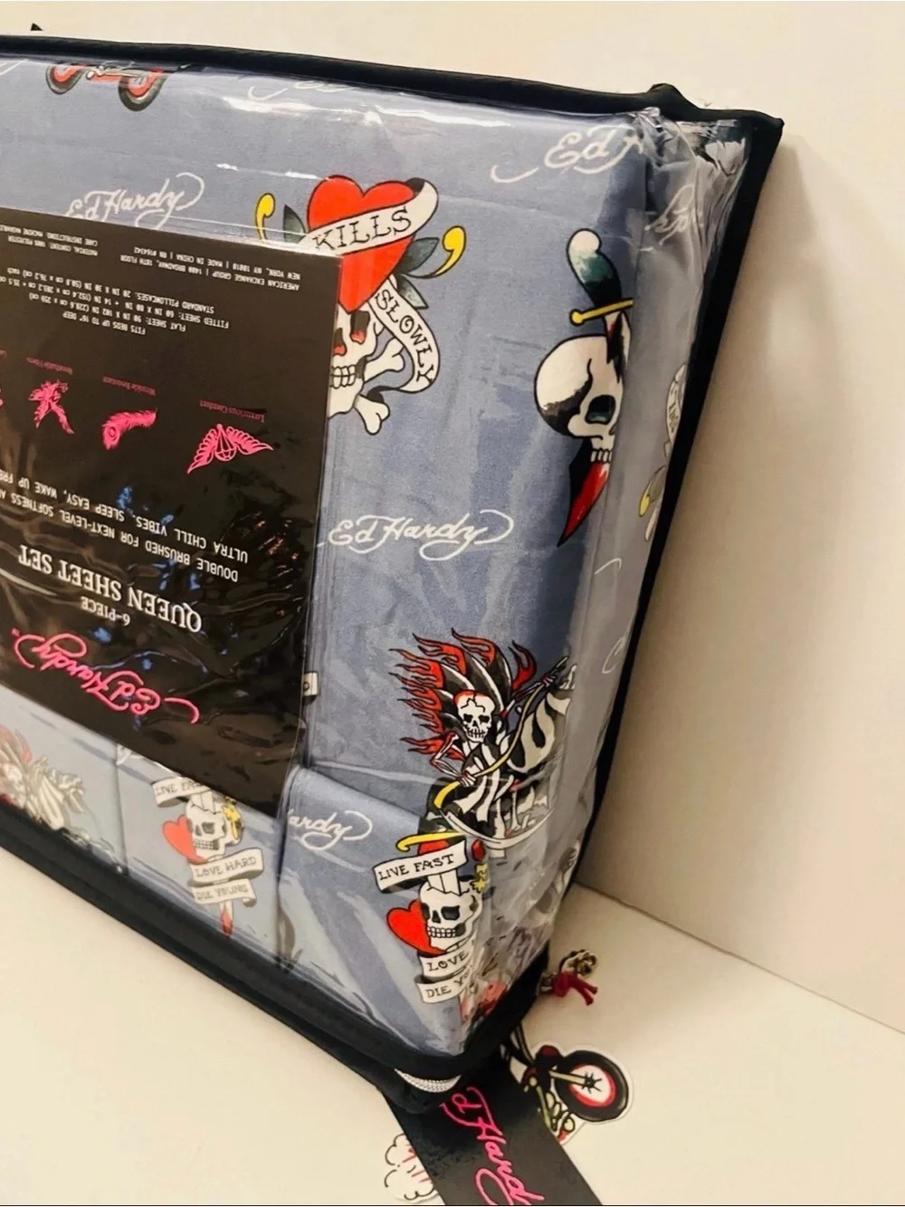 Ed Hardy Blue 6 Piece Queen Size Sheet Set Motorcycles Skulls Love Kills Slowly